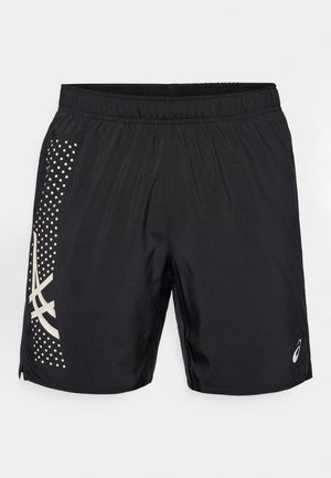 Pantalones cortos deportivos negros hechos de material liviano, con un diseño estampado en los laterales y una cinturilla elástica para mayor comodidad.