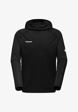 Schwarzes, langärmeliges Kapuzenshirt aus glattem, dehnbarem Material. Mit einem Logo auf der Brust und einem runden Logo auf dem linken Ärmel.