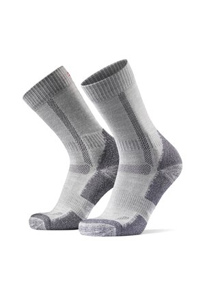 Graue Wandersocken mit geripptem Bündchen, verstärkter Zehen- und Fersenpartie, strukturierten Mustern und variierenden Grautönen, die für Komfort und Haltbarkeit ausgelegt sind.