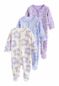 Trois grenouillères en côtes pour enfants dans des couleurs pastel : jaune avec des motifs de fleurs violettes, bleu clair avec des visages souriants, et lavande avec des motifs de soleil.