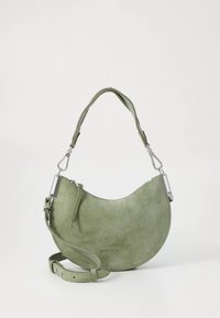 Green suede shoulder bag with a curved design, silver hardware, and an adjustable strap. Smooth texture with a small logo detail on the front.