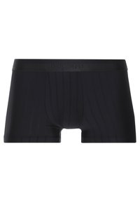 Černé boxerky vyrobené z hladké, elastické tkaniny, s jemným vertikálním žebrováním a logo pasem pro lepší podporu.