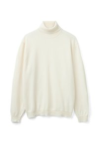 Pull à col roulé blanc en tissu doux. Doté de manches longues, de poignets côtelés et d'un col montant ajusté pour plus de chaleur. Design simple.