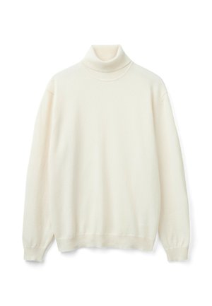 Pull à col roulé blanc en tissu doux. Doté de manches longues, de poignets côtelés et d'un col montant ajusté pour plus de chaleur. Design simple.
