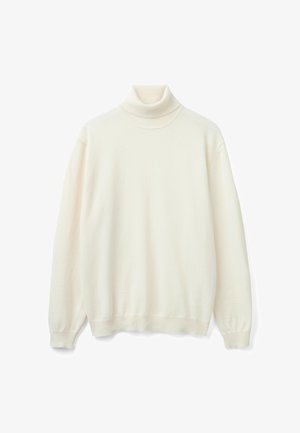 White turtleneck sweater made of soft fabric. Features long sleeves, ribbed cuffs, and a fitted high collar for warmth. Simple design.