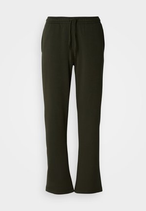 Dark green sweatpants made of soft material, featuring an elastic waistband with a drawstring and flared leg openings.