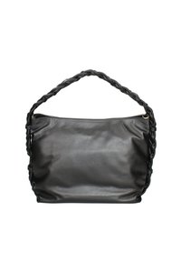 Borsa a mano in pelle nera con manico intrecciato, texture liscia, corpo morbido e dettagli in hardware dorato. Design spazioso per un uso quotidiano.