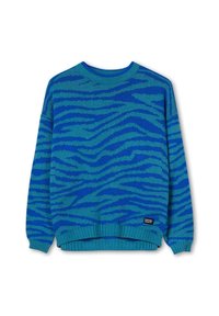 Stickad tröja i teal och blått, med ett tigermönster, ribbat krage och nederkant, samt en liten varumärkesetikett i botten.