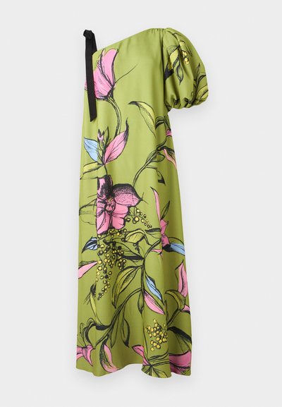 Green floral dress with one puff sleeve, featuring pink and blue flower patterns, black accents, and a smooth, glossy fabric texture.