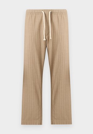 Beige letvægtsbukser med lodrette striber, elastisk talje og hvid snor, lige ben.