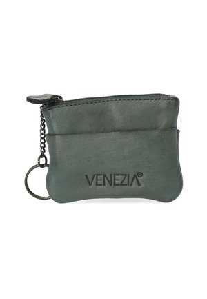 Green leather coin pouch featuring a zip closure, chain link, and round keyring. Embossed logo on the front surface. Smooth texture.