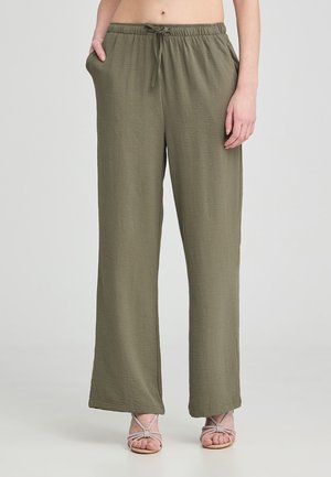 Pantaloni in tessuto leggero e testurizzato color verde oliva, con vita elasticizzata, chiusura con cordoncino e tasche laterali; design a gamba larga.