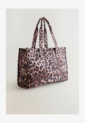 Borsa a tracolla con stampa leopardata, dotata di due manici robusti, di forma rettangolare, realizzata in tessuto morbido e caratterizzata da un motivo a macchie distintivo.