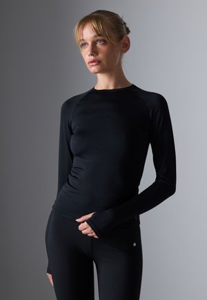 Black long-sleeve athletic top with a fitted design, made of smooth, stretchy fabric. Features raglan sleeves and thumbholes at cuffs.