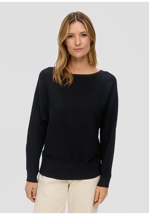 Dunkelblaues geripptes Sweatshirt mit weitem Bootsausschnitt, langen Ärmeln und lässiger Passform. Verfügt über einen strukturierten Stoff und ein einfarbiges Design.