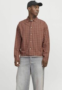Bruine geruite overhemd met een relaxte pasvorm, voorzien van een puntige kraag en een opgestikte pocket, gecombineerd met lichtblauwe denim broek.