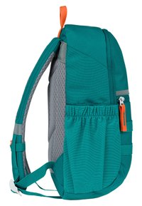 Zaino color teal con pannello in rete grigia, presenta una tasca laterale con bordo elasticizzato, cursore arancione e spallacci regolabili.