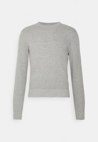Hellgrauer, langärmeliger Strickpullover mit strukturiertem Waffelmuster sowie gerippten Bündchen, Saum und rundem Halsausschnitt.