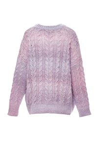 Maglione a maglia a treccia in tonalità sfumate di lavanda e rosa. Presenta un collo rotondo e maniche lunghe con polsini e orlo a costine.