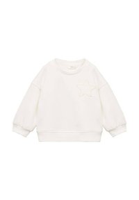 Valkoinen collegepaita, jossa on pyöreä kaula-aukko, puffihihat ja tikattu tähtikoristelu rinnassa. Pehmeä kangas, jossa on sileä pinta.