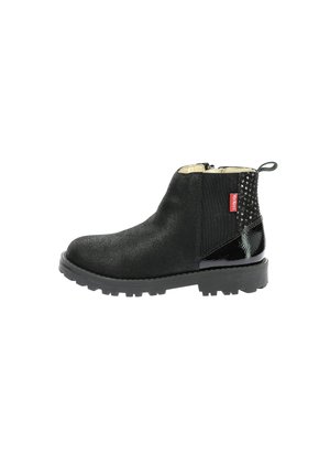 Stivaletti neri in suede con pannello in pelle lucida, dotati di chiusura con cerniera e motivo a stelle in rilievo sul retro.