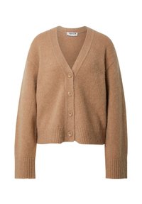 Beige wollen cardigan met een V-hals, voorzien van vijf knopen, geribde manchetten en een cropped silhouet. Zachte textuur en minimalistisch ontwerp.