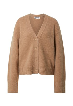 Beige Wollcardigan mit V-Ausschnitt, ausgestattet mit fünf Knöpfen, gerippten Bündchen und einer verkürzten Silhouette. Weiche Textur und minimalistisches Design.