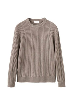 Beżowy sweter z prążkowanej dzianiny z długimi rękawami, okrągłym dekoltem i teksturowanymi pionowymi paskami. Miękka tkanina o luźnym kroju.