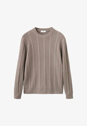 Beżowy sweter z prążkowanej dzianiny z długimi rękawami, okrągłym dekoltem i teksturowanymi pionowymi paskami. Miękka tkanina o luźnym kroju.