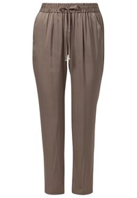 Brązowe, zwężane spodnie z elastycznym pasem, sznurkiem do regulacji, bocznymi kieszeniami oraz gładkim, lekkim materiałem.