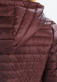 Bordeauxkleurige donzen jas met een gewatteerd ontwerp, voorzien van een capuchon, een gladde textuur en horizontale stiksels. Lichtgewicht materiaal.