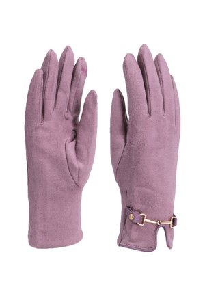 Guanti in suede viola con una finitura testurizzata, caratterizzati da un'accento in metallo dorato e una chiusura a scatto al polso.