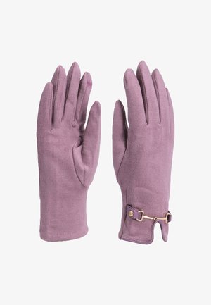 Guanti in suede viola con una finitura testurizzata, caratterizzati da un'accento in metallo dorato e una chiusura a scatto al polso.