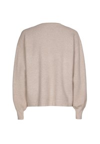 Beiger gestrickter Pullover, lockere Passform, lange Ärmel mit gerippten Bündchen, runder Ausschnitt, weiche Textur mit feinen Farbtupfern.
