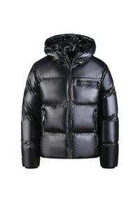 Veste en duvet noire faite de matériau brillant et matelassé. Elle dispose d'une capuche, d'une fermeture éclair à l'avant et d'une petite poche sur la poitrine. Design épais et isolé.