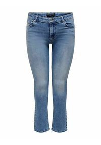 Jeans de mezclilla azul claro con un ligero desgaste, de longitud recortada, corte recto en el dobladillo y diseño tradicional de cinco bolsillos.