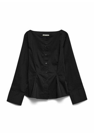 Črna ženska bluza z dolgimi rokavi, spredaj z gumbi, širokimi manšetami in rahlo razširjenim pasom.