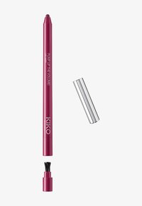 Lápiz labial KIKO Milano en fucsia brillante con acabado mate, con un diseño de giro y una tapa plateada.