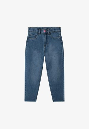 Niebieskie dżinsy z wysokim stanem, zwężane nogawki, przednie zapięcie na różowe guziki, przednie i monety kieszenie oraz wykończenie z surowym brzegiem.