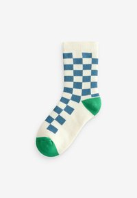 Stricksocken mit einem blau-weißen Karomuster und einer grünen Spitze und Ferse. Weicher Stoff; knöchellang.