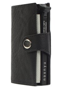 Black leather wallet with a textured finish, button closure, and RFID/NFC protection. Slim design, with visible cards and a pen.