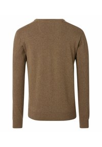 Brauner Strickpullover mit langen Ärmeln, Rundhalsausschnitt und geripptem Saum. Glatte Textur mit gleichmäßiger Farbe.