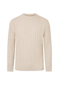 Beiger, kabelgestrickter Pullover mit langen Ärmeln, rundem Halsausschnitt und geripptem Saum. Weiche Textur mit vertikalem Rippmuster im gesamten Artikel.