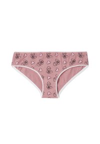 Rosa Baumwollslips mit schwarzen Linzeichnungen von Hunden und Herzen, mit weißem Gummizug entlang der Taille und Beinöffnungen.
