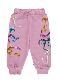 Roze katoenen joggers met een trekkoord in de taille, voorzien van kleurrijke lintprints in blauw, paars, goud en ivoor. Elastische boorden bij de enkels.