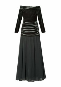 Robe de soirée noire avec un haut en velours décolleté, un corsage froncé et une jupe en chiffon fluide. Manches longues, texture lisse, silhouette élégante.