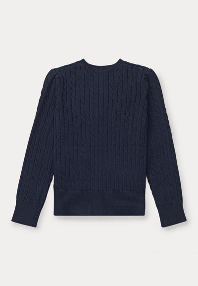 Maglione blu scuro a trecce con maniche lunghe, scollatura tonda, polsini e orlo a costine, disteso su uno sfondo chiaro.