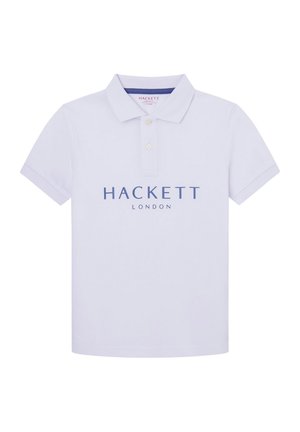 Biała koszulka polo z krótkim rękawem, dwoma guzikami oraz napisem "Hackett London" w niebieskim kolorze na piersi.