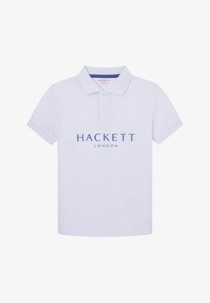 Hvid kortærmet poloshirt med to knapper og "Hackett London" trykt i blåt på brystet.