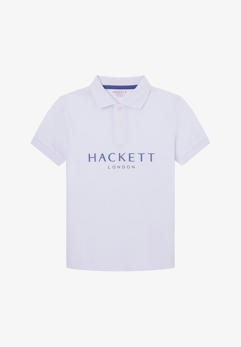 Polo blanc à manches courtes avec deux boutons et le texte "Hackett London" imprimé en bleu sur la poitrine.